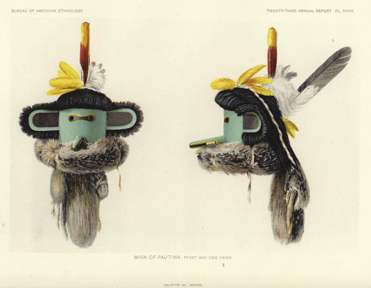Pautiwas maske - set forfra og fra siden (farvelitografi) af American School