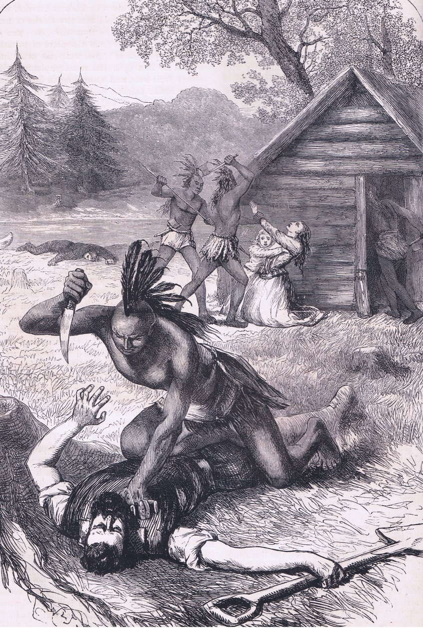 Massacre of the settlers, illustration from Cassell "s History of the United States pub. By Petter & Galpin c.1890dani af American School