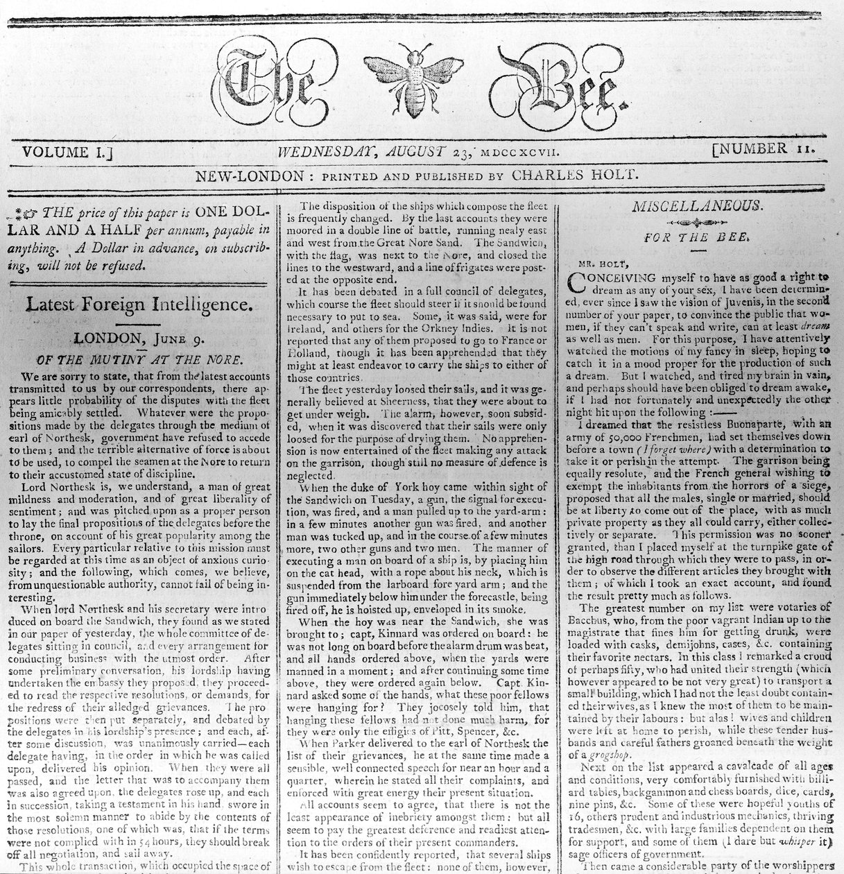 Masthead of The Bee, trykt 23. august 1797 (tryk) af American School