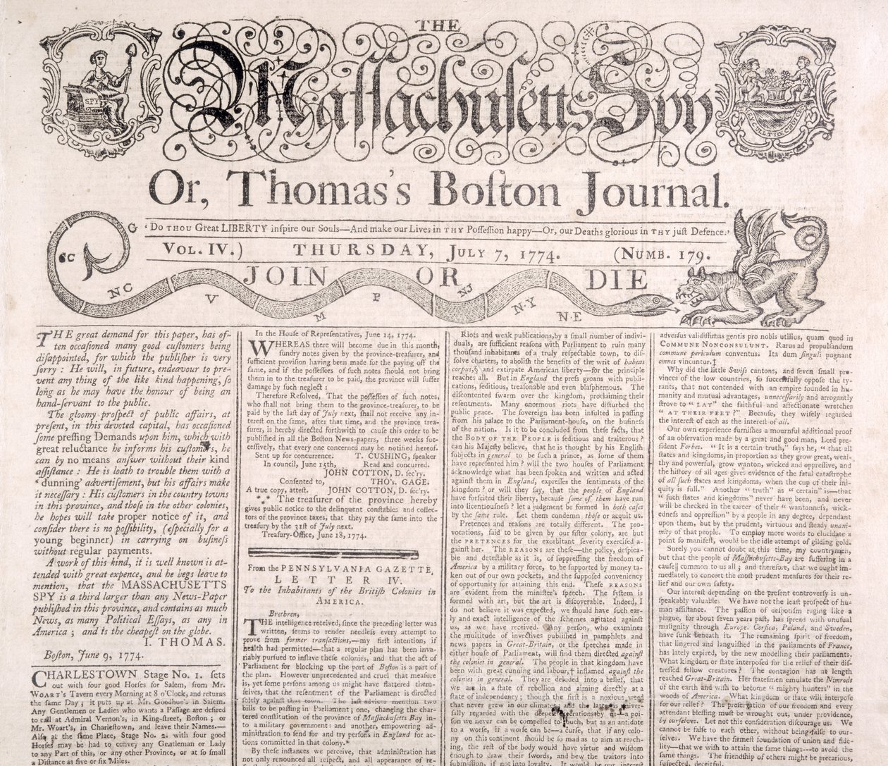 Masthead for Massachusetts Spy 7. juli 1774 (tryk) af American School