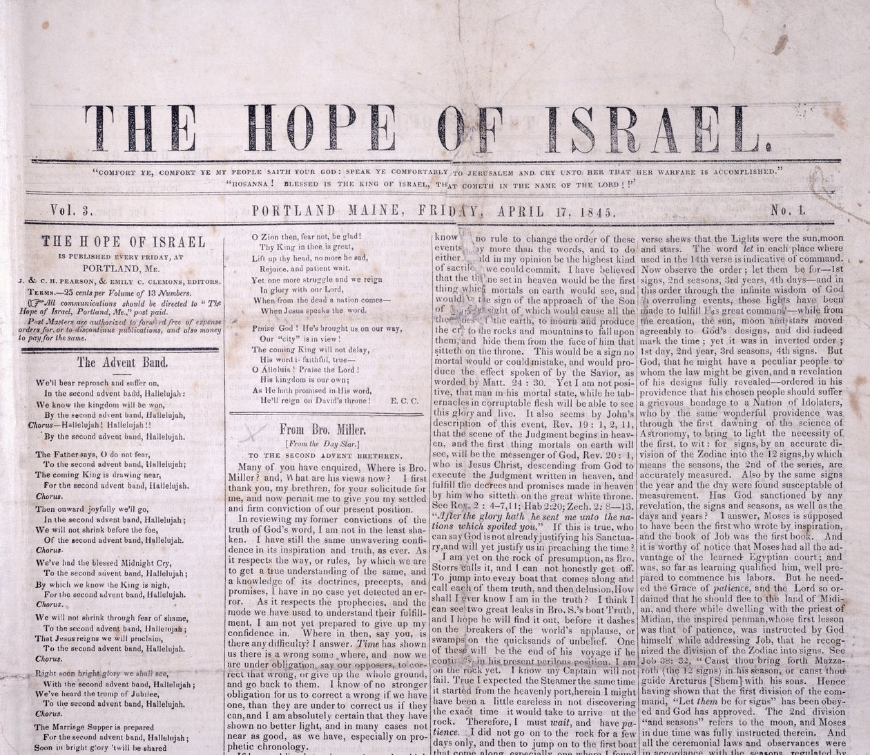 Masthead til The Hope of Israel, trykt Portland, Maine 17. april 1845 (tryk) af American School