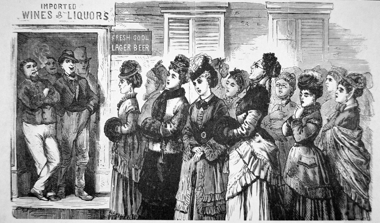 Medlemmer af National Christian Temperance Union synger salmer og beder for fortabte sjæle i en salon af American School