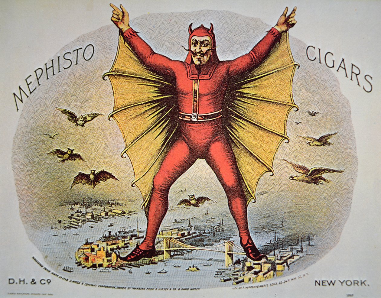Mephisto Cigars etiket, trykt af F. Heppenheimers sønner, New York af American School
