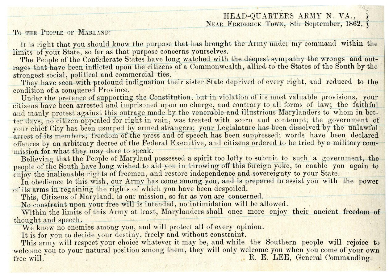 Besked til folket i Maryland for at støtte konføderationen, 8. september 1862 af American School