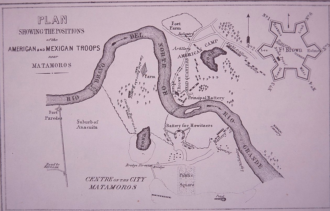 Mexicansk-amerikansk krig (1846-48), kort over amerikanske tropper nær Rio Grande og Matamoros af American School