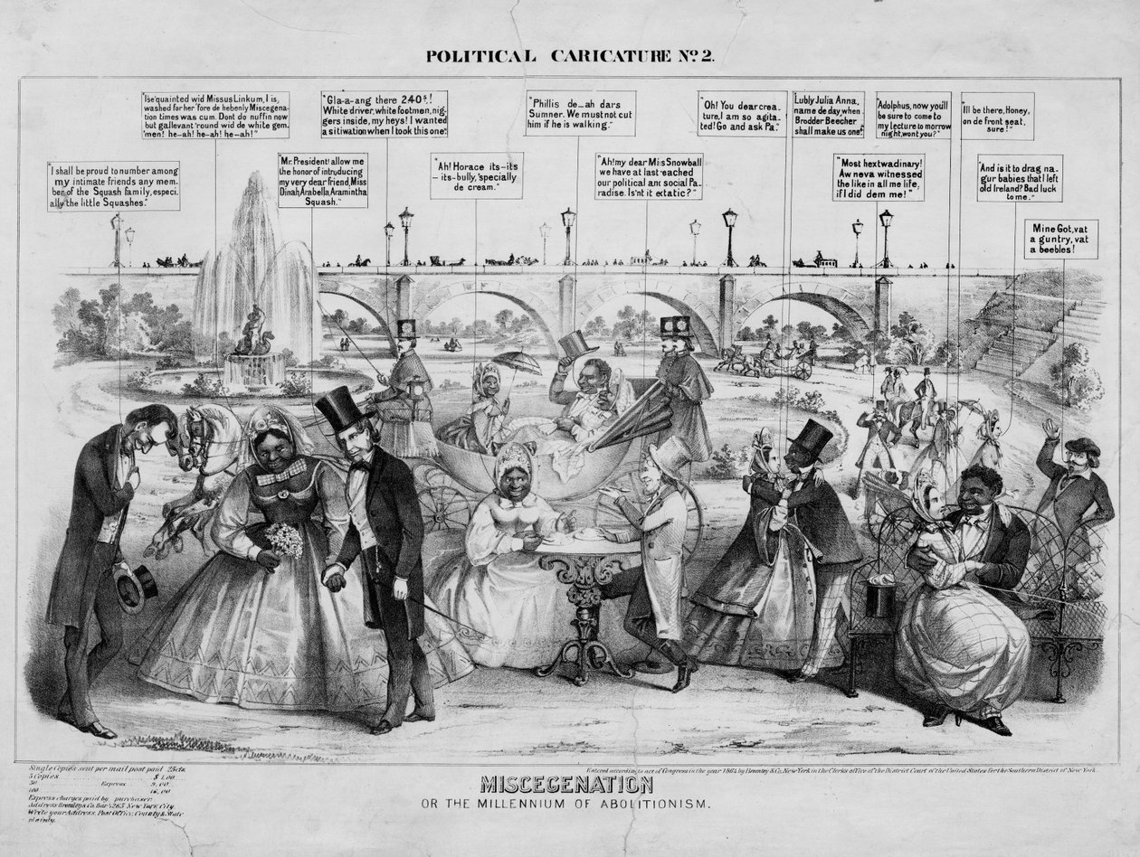 Miscegenation, eller, The Millenium of abolitionism, udgivet af Bromley & Co., New York, 1864 af American School