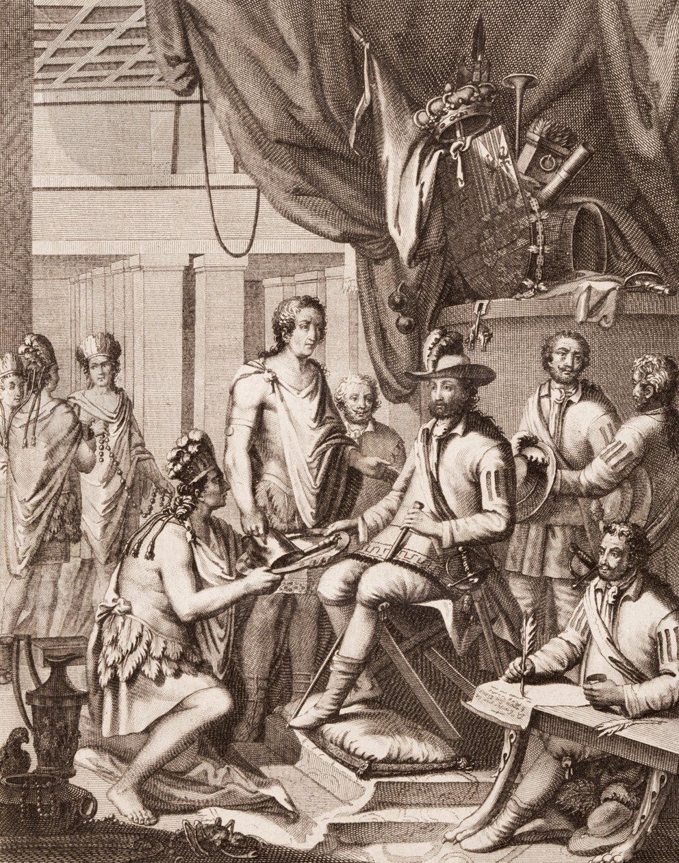 Montezuma overdrager sit imperium til kongen af Spanien, giver ham en hyldest og lover hans lydighed, fra Antonio de Solis y Rivadeneira Solis Historien om erobringen af Mexico, indgraveret af Ximeno af American School