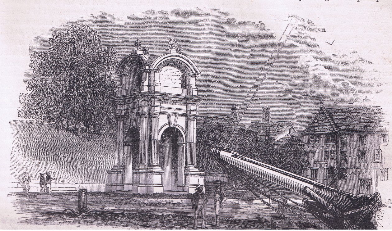Monument i New Plymouth for at markere stedet for pilgrimsfædrenes landgang, illustration fra Cassell