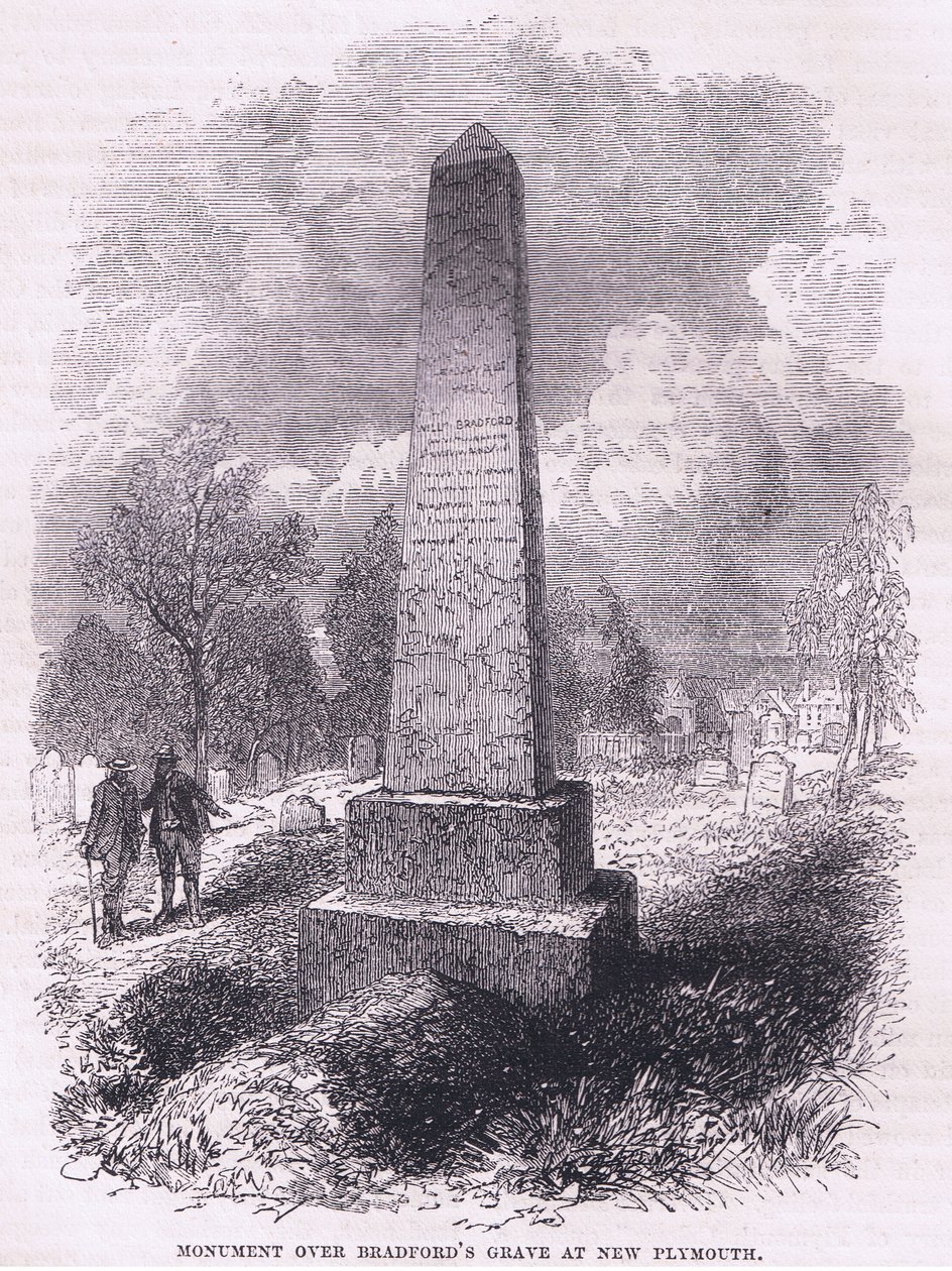Monument over Bradfords grav ved New Plymouth 1641, illustration fra Cassell