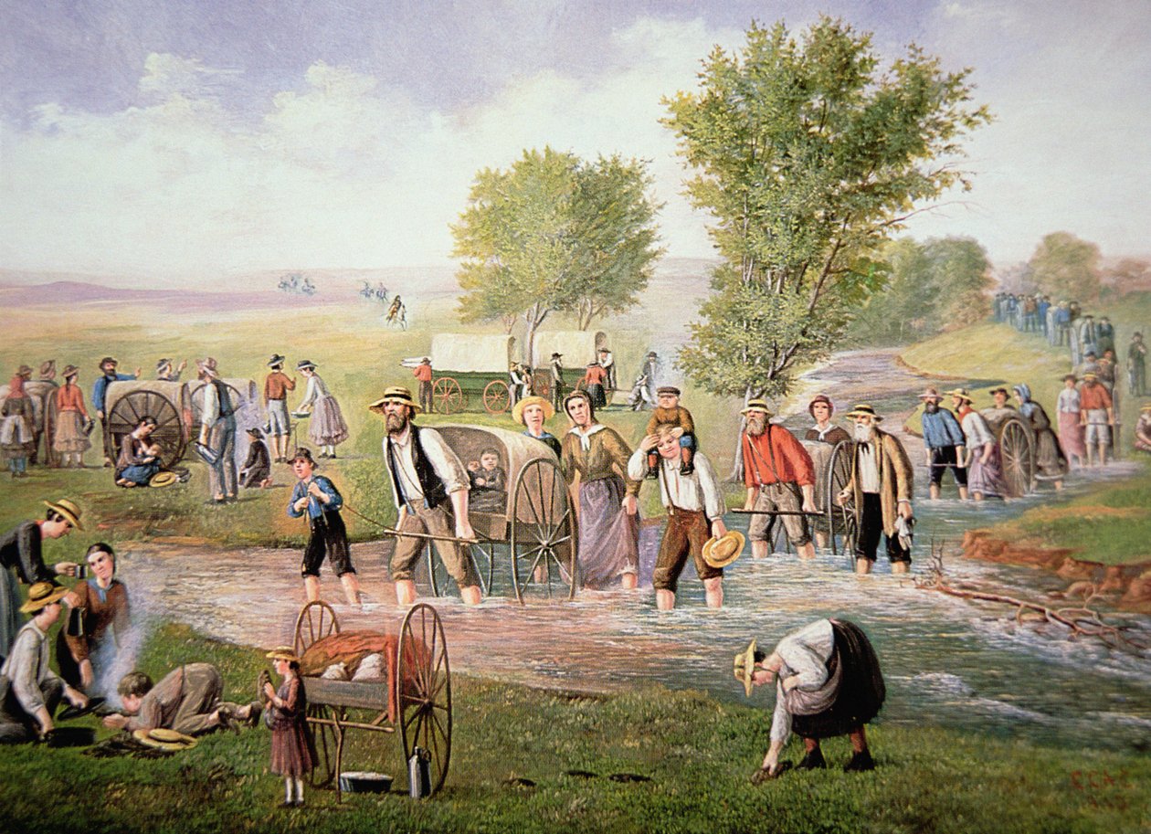 Mormonpionerer trækker håndkærrer på den lange rejse til Salt Lake City i 1856 (farve litho) af American School