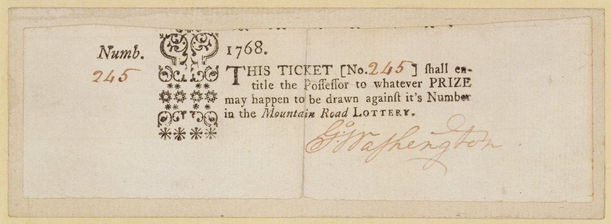 Mountain Road Lottery Ticket, underskrevet af George Washington (1732-99) 1768 (blæk på papir) af American School