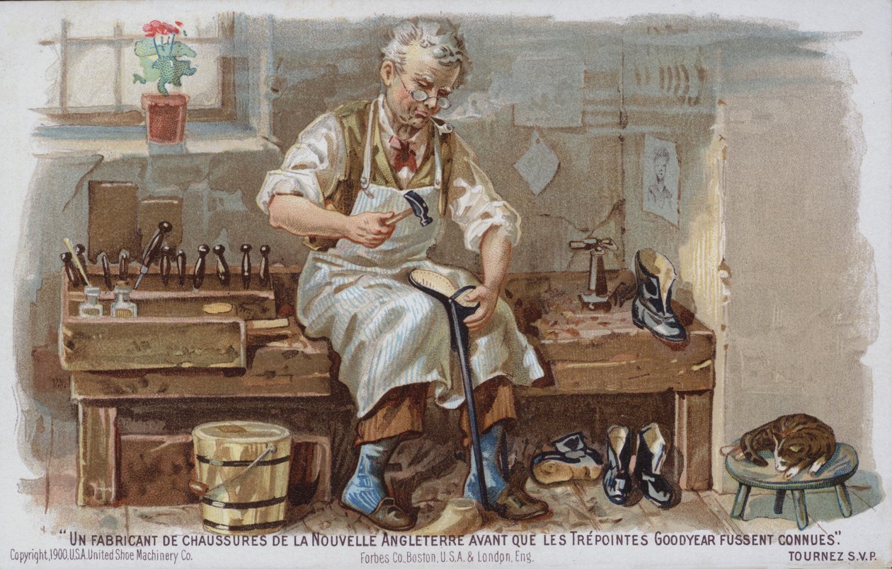 Skomager i New England fra tiden før Goodyear-rammen blev introduceret (chromolitho) af American School