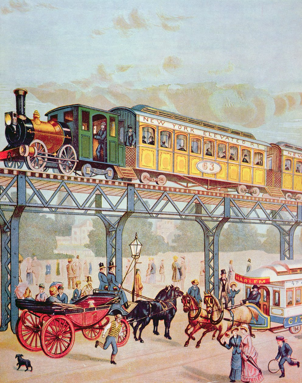New York Elevated Railway, ca. 1880 (farve litho) af American School