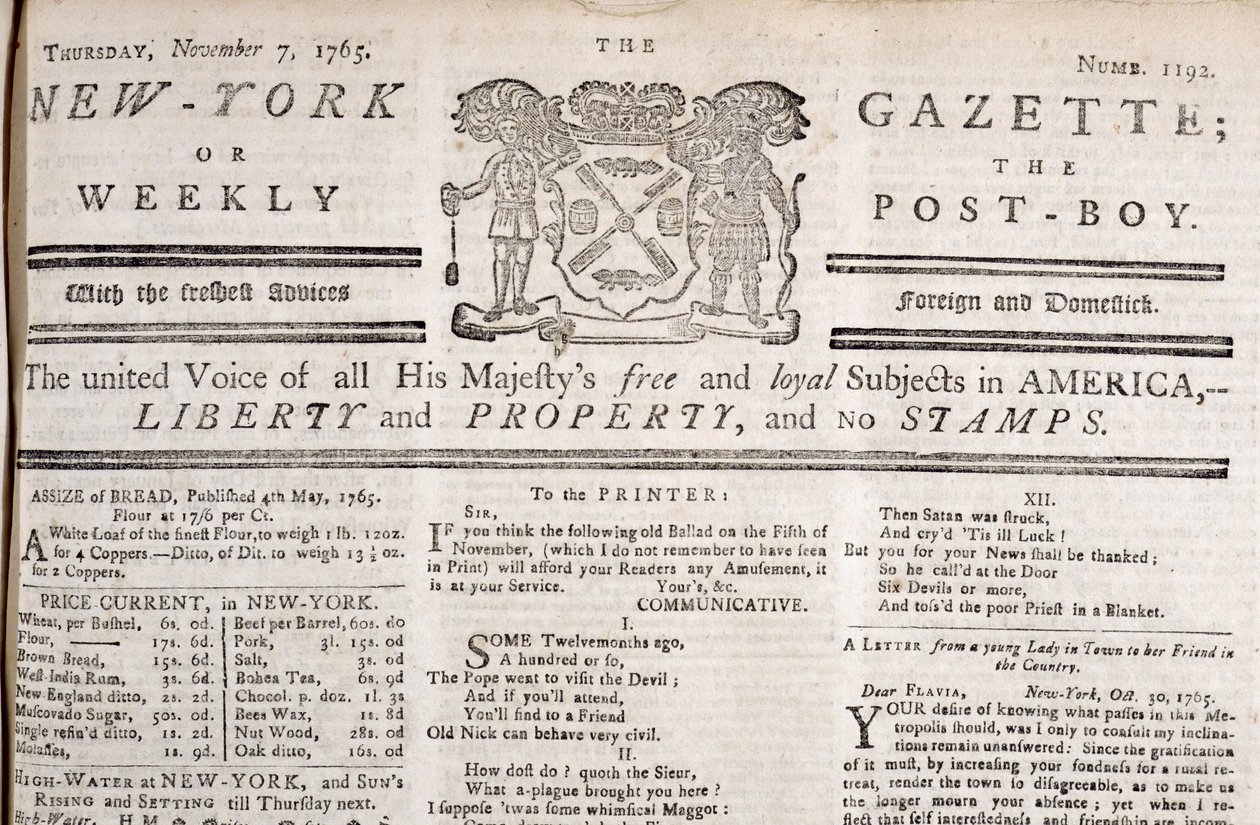 New York Gazette mastehoved, der erklærer sin modstand mod frimærkerne, trykt 7. november 1765 (tryk) af American School