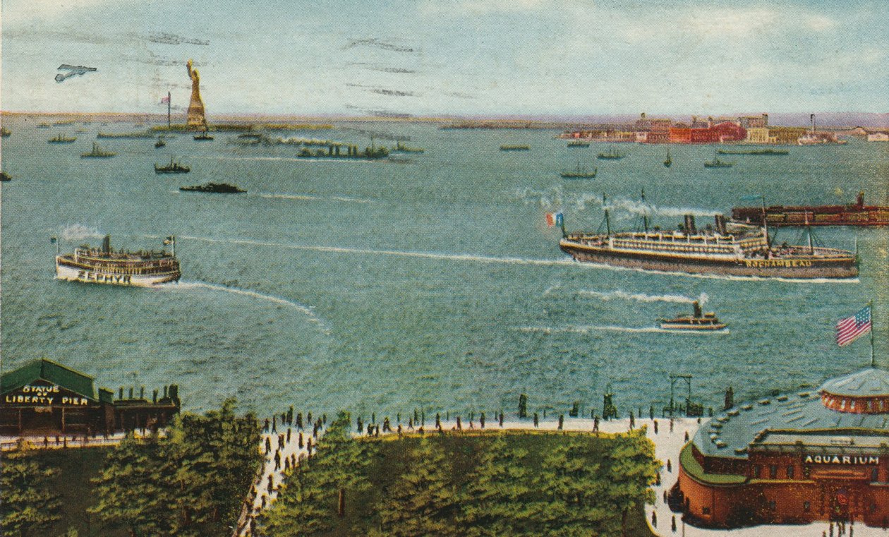 New York Harbor fra batteriet, der viser Frihedsgudinden og Ellis Island, ca. 1910 af American School