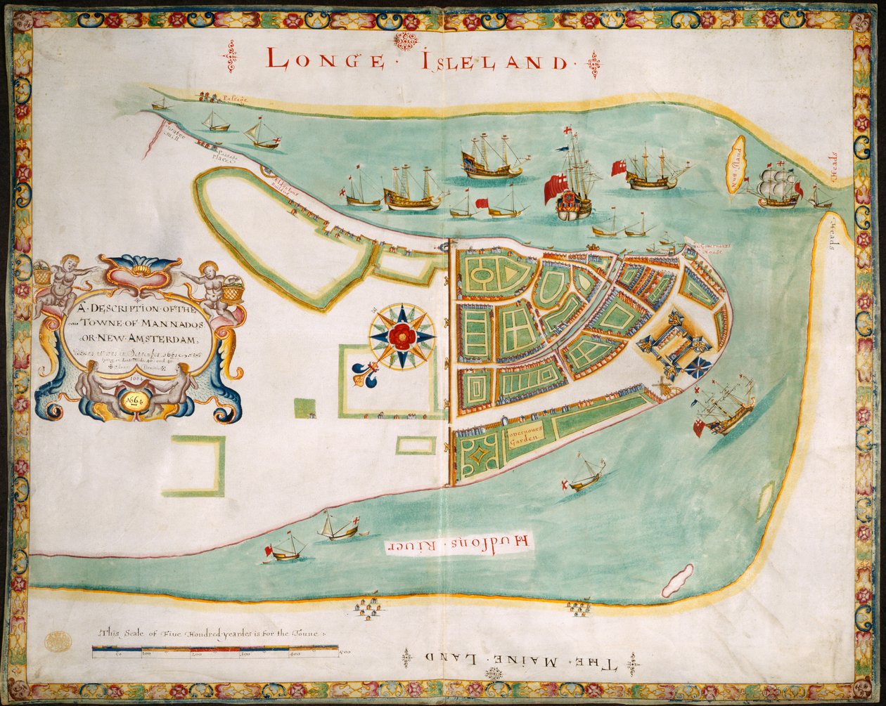 New York: Plan over Manhattan, Long Island, Hudson River og New Amsterdam af American School