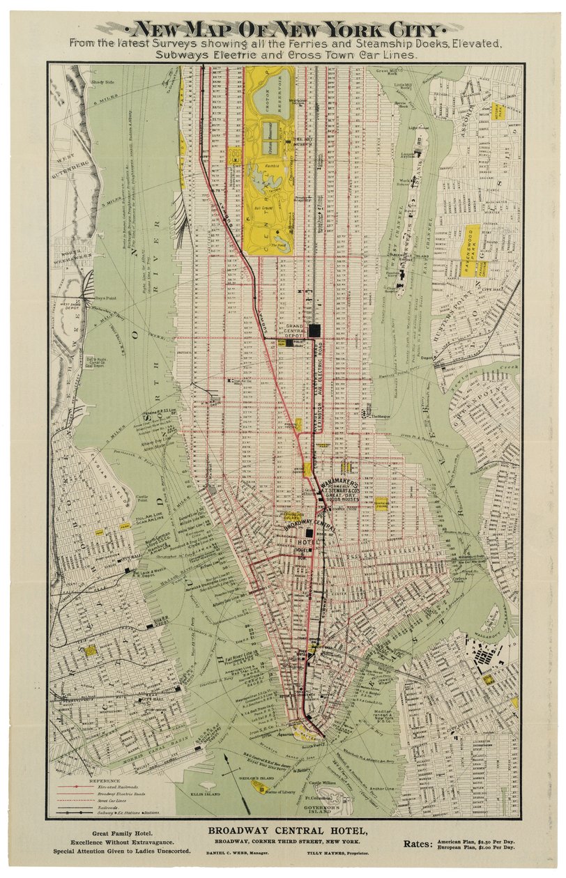 Nyt kort over New York City fra de seneste undersøgelser, der viser alle færger og dampskibsdokker, forhøjede undergrundsbaner elektriske [sic] og tværgående bybillinjer af American School