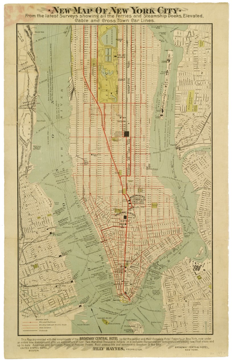 Nyt kort over New York City fra de seneste undersøgelser, der viser alle færger og dampskibsdokker, forhøjede undergrundsbaner elektriske [sic] og tværgående bybillinjer. af American School
