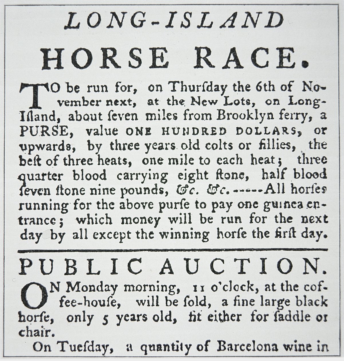 Meddelelse om et hestevæddeløb på Long Island, fra Rivington