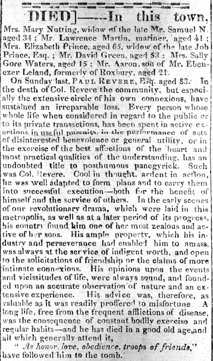 Nekrologside fra Boston Intelligencer, 16. maj 1818 (print) af American School