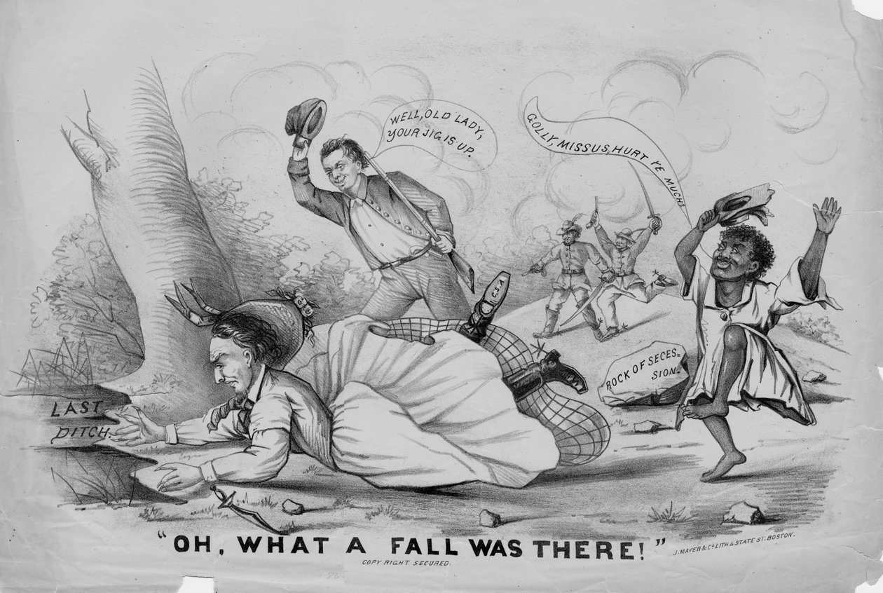 Åh, hvilket fald var der!, udgivet af J. Mayer & Co. Lith, Boston, ca. 1865 af American School