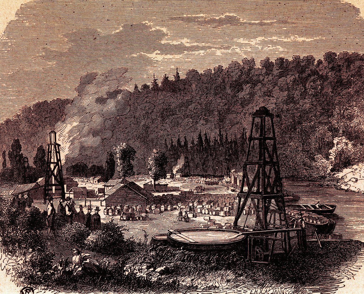Oliefelter i Titusville i Pennsylvania, med første brønd Derrick opfundet af Edwin Laurentine Drake i 1859, gravering, USA af American School