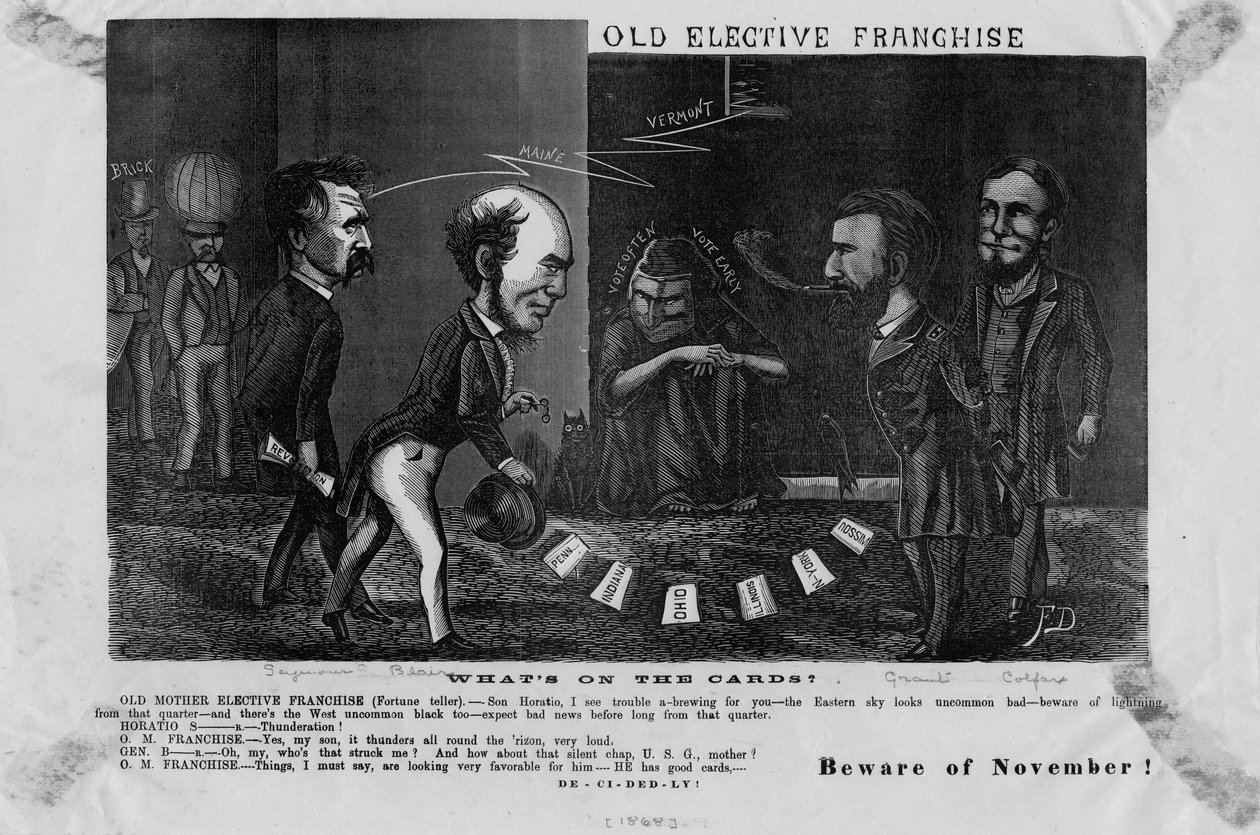 Gammel valgfri franchise, hvad står der på kortene? : pas på november!, ca. 1868 af American School