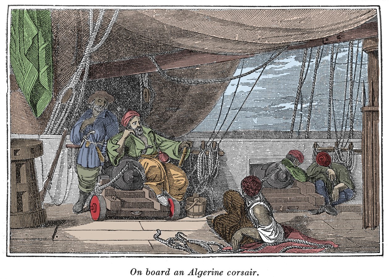 Om bord på et skib af algeriske pirater Illustration fra "The Pirates Own Book, autentiske fortællinger om de mest berømte sørøvere"" af Charles Ellms, Boston 1837 af American School