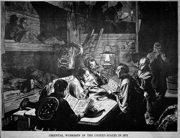 Orientalske (kinesiske) arbejdere i USA i 1875 (litho) af American School