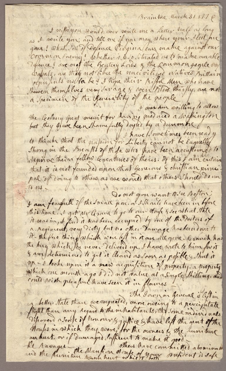 Side 1, Brev fra Abigail Adams til John Adams, 31. marts - 5. april 1776 (blæk på papir) af American School
