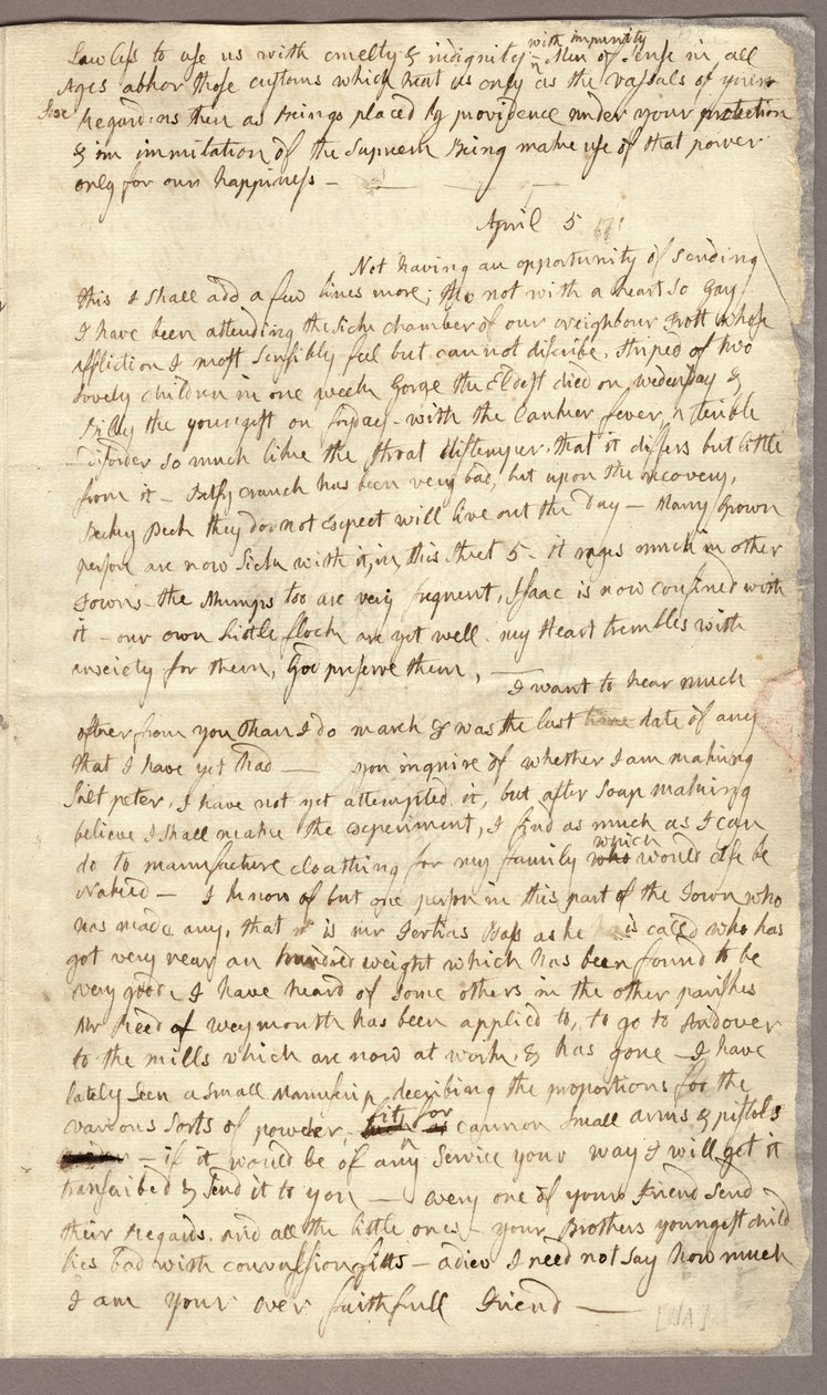 Side 3, Brev fra Abigail Adams til John Adams, 31. marts - 5. april 1776 (blæk på papir) af American School