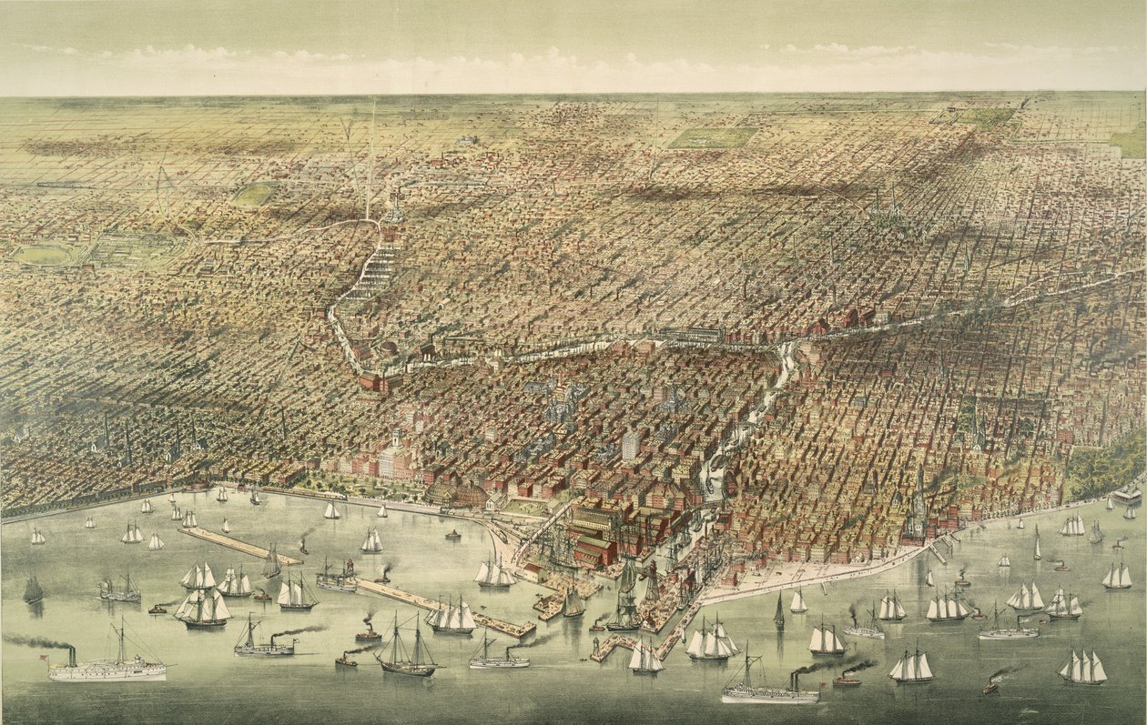Panoramaudsigt over byen Chicago, pub. 1892 (farvelitografi) af American School