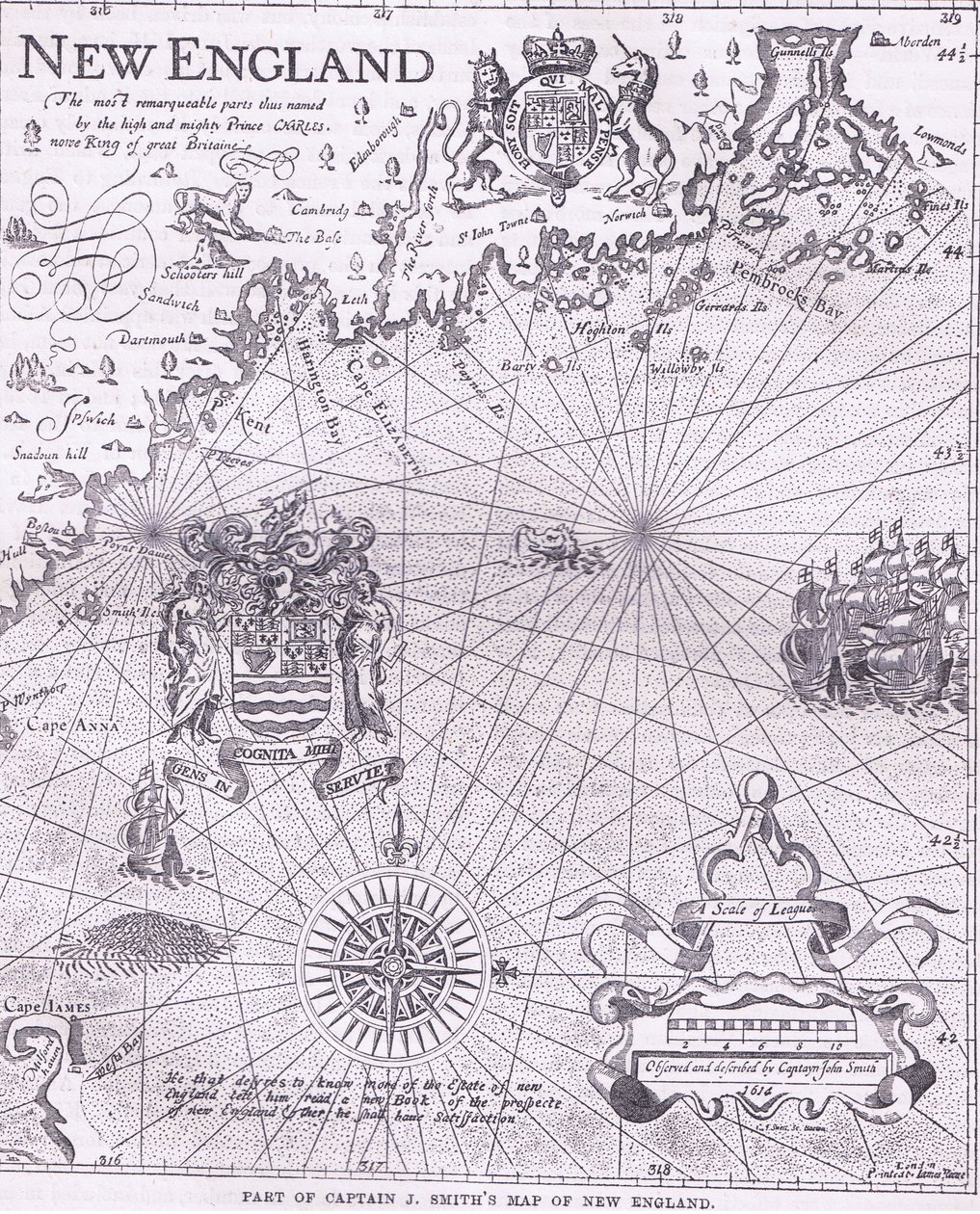 En del af kaptajn J Smiths kort over New England, illustration fra Cassell