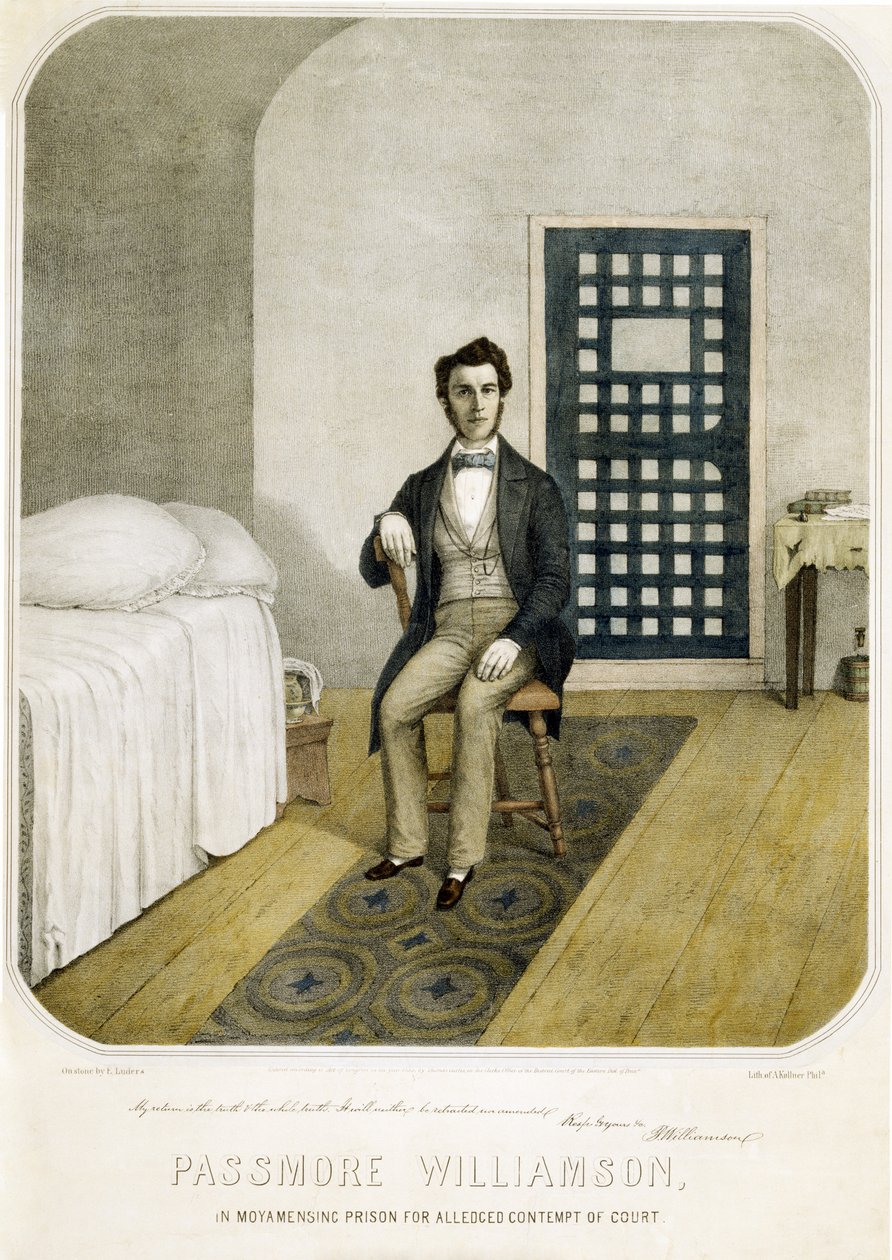 Passmore Williamson i Moyamensing-fængslet for påstået foragt for retten, pub. 1855 (farvelitografi) af American School