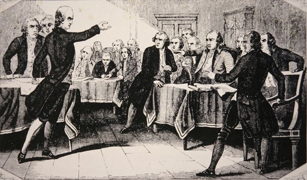 Patrick Henry før Virginia-forsamlingen i marts 1775 (litho) af American School