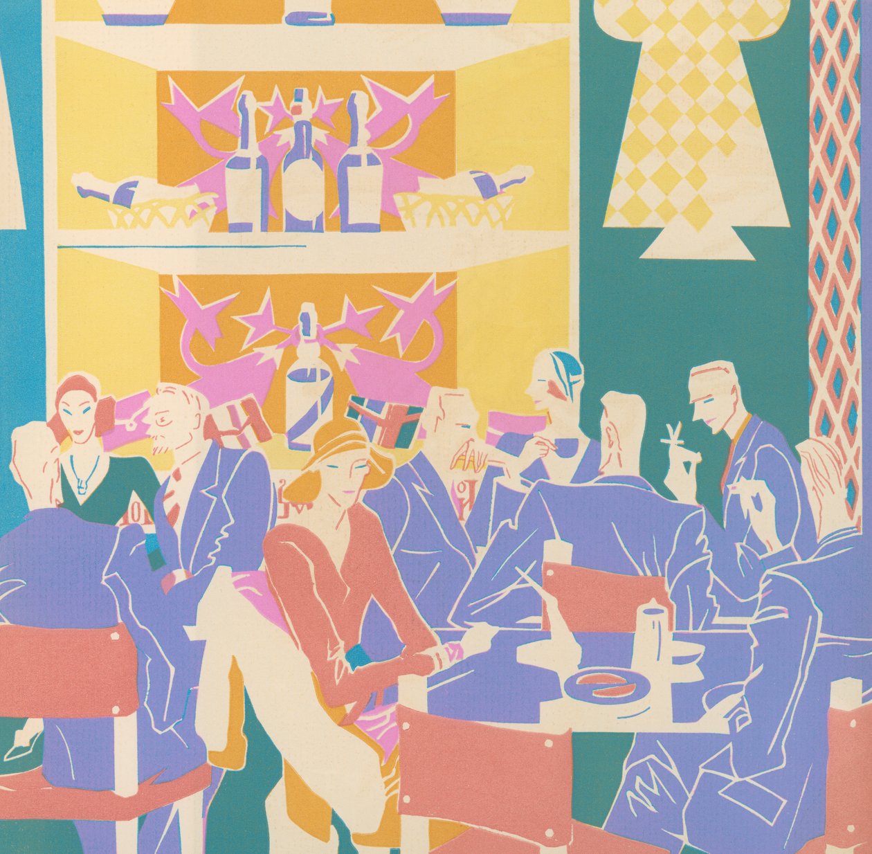 Lånere ved borde i en art deco jazzklub af American School