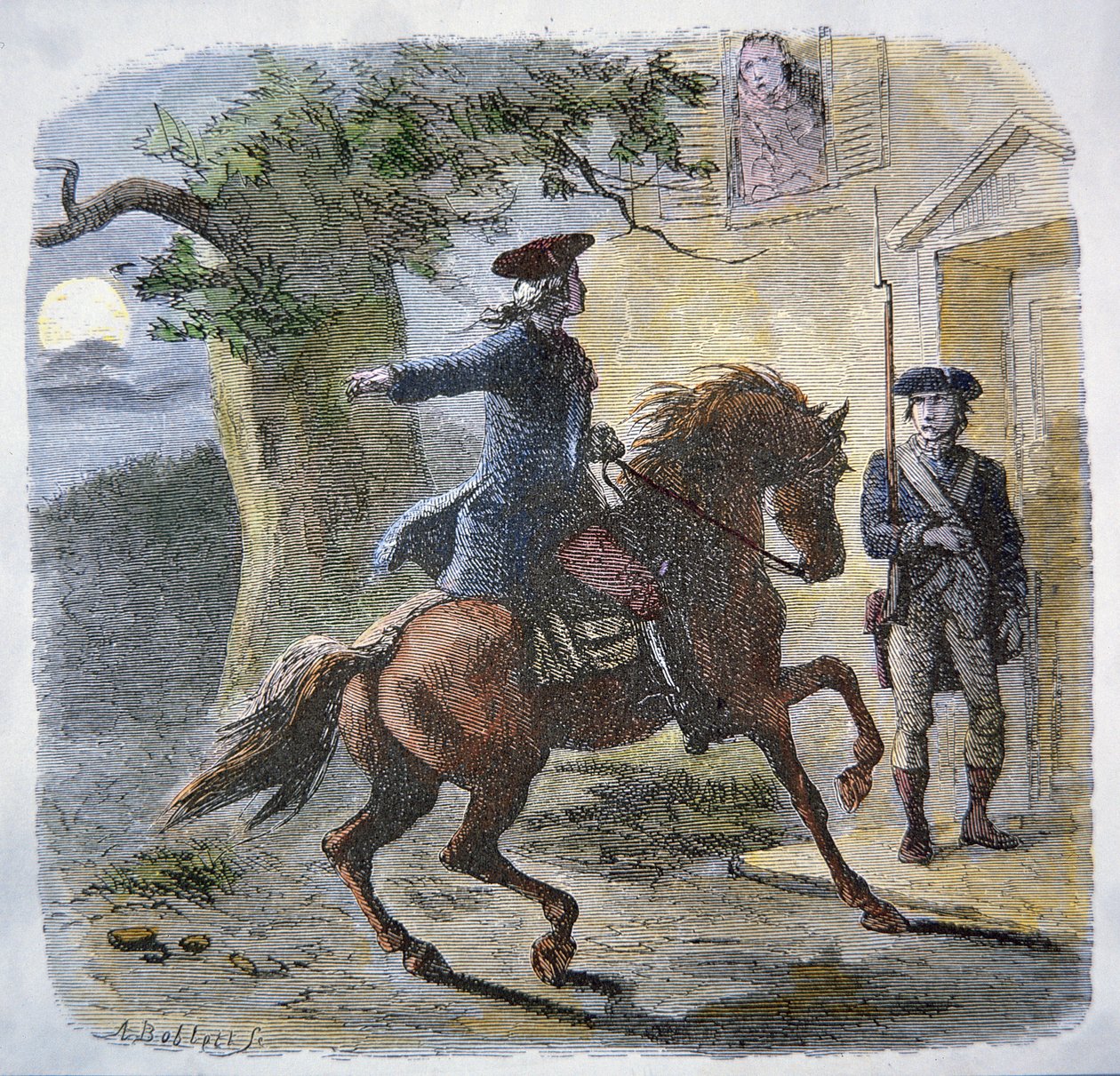 Paul Reveres berømte tur natten til den 18. april 1775 (farve litho) af American School