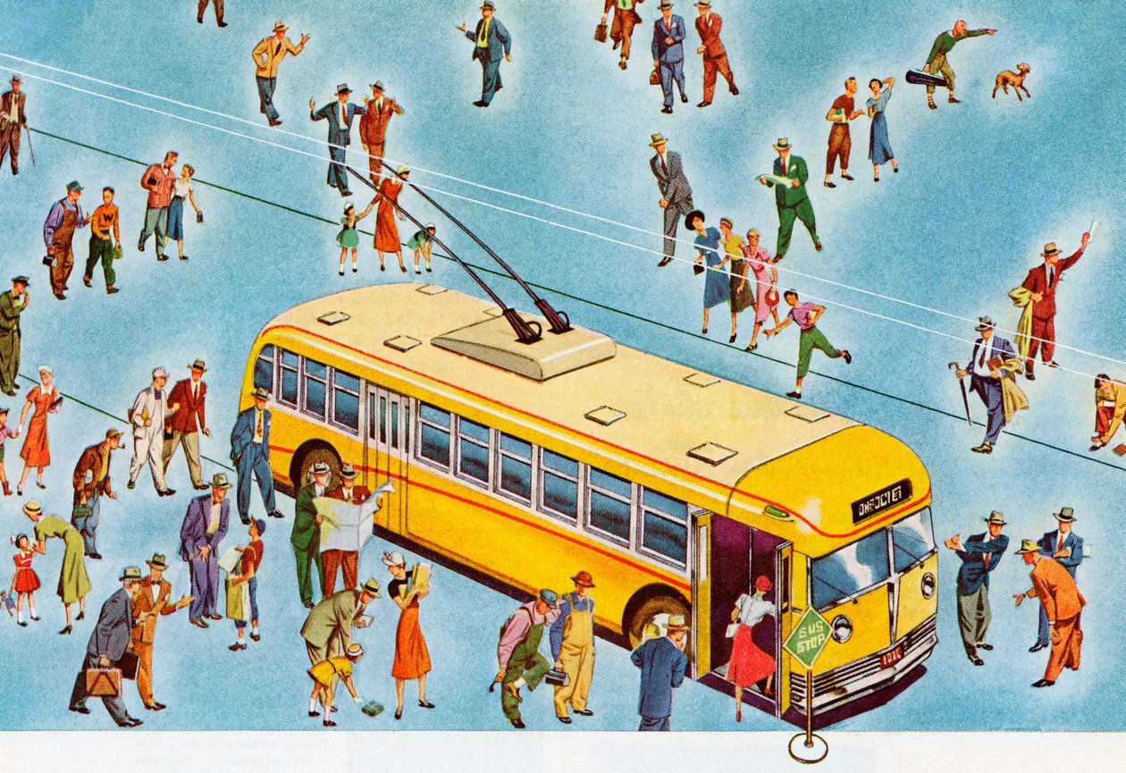 Fodgængere stiger på en bybus af American School
