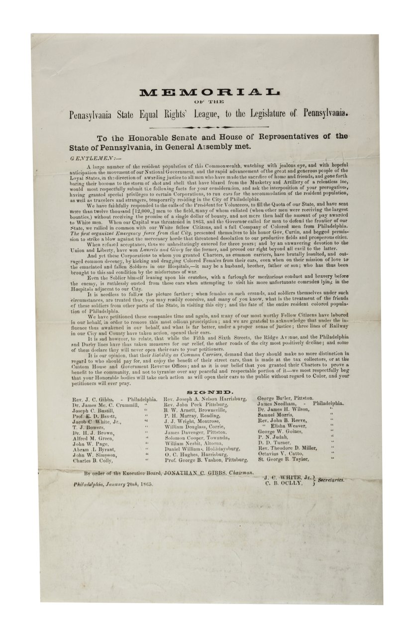 Pennsylvania State Equal Rights League, mindesmærke for Pennsylvania State Equal Rights League, til den lovgivende forsamling i Pennsylvania, 20. januar 1865 af American School