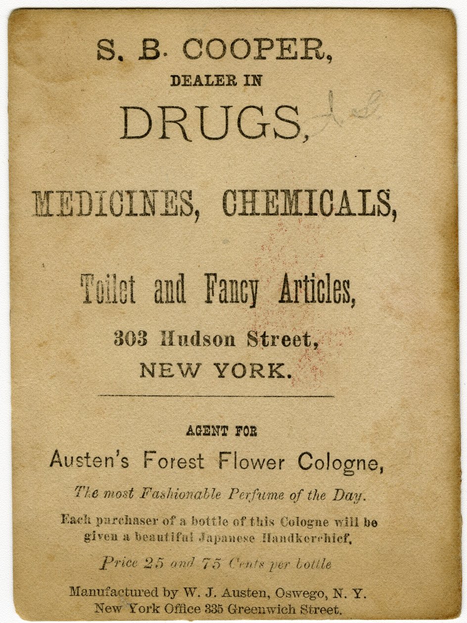 Parfumeret med Austens Forest Flower Cologne; S.B, Cooper, forhandler af stoffer? [trade card verso] (print) af American School