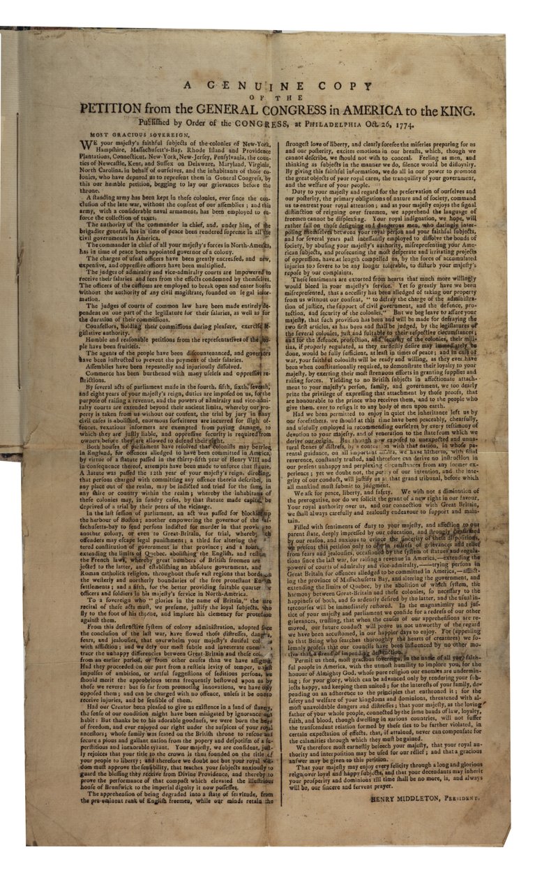Andragende fra generalkongressen i Amerika til kongen, kontinental kongres, 26. oktober 1774 af American School