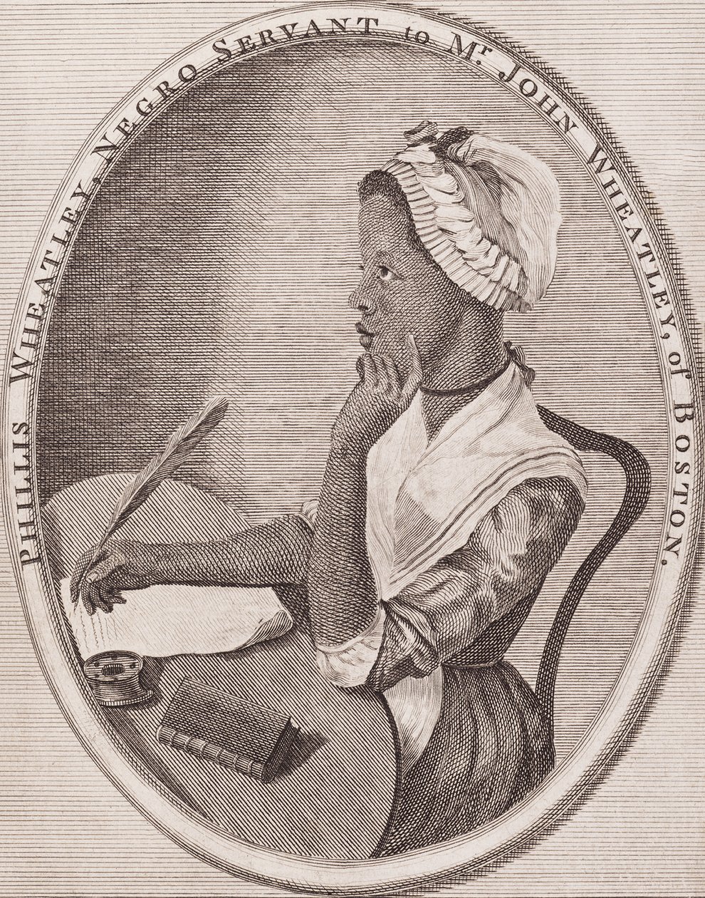 Philiis Wheatley (1753-1784). Afroamerikansk digter. Graveret frontispice til hendes "Poems" (Digte), 1773. af American School