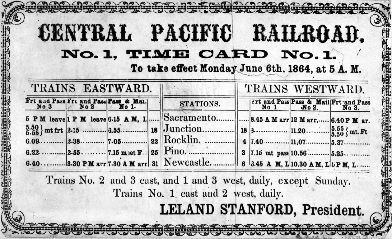 Fotografisk tryk af Central Pacific Railroad Companys originale køreplan for 6. juni 1864, 1864 af American School