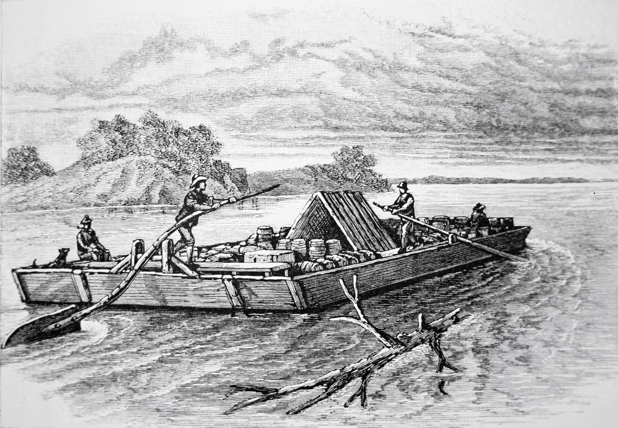 Pioneer fladbåd på Mississippi-floden, ca. 1840 (gravering) af American School