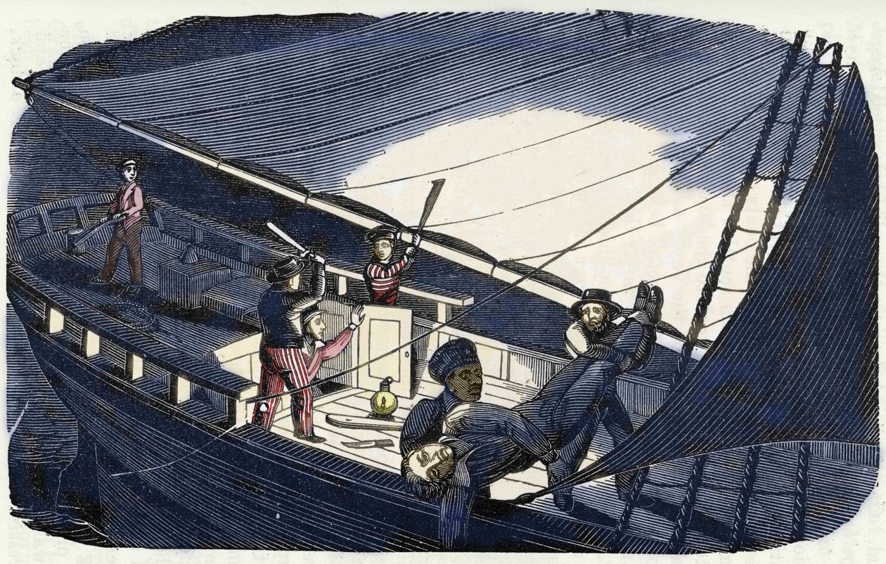 Piraten Charles Gibbs (begyndelsen af 1800-tallet) dræber kaptajn Thornby og smider ham i havet. Stik af "Piratens egen bog" fra 1837. af American School