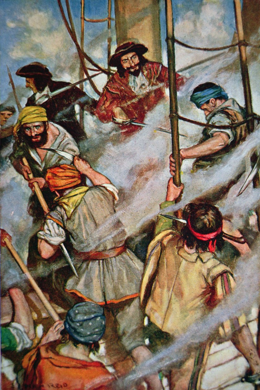 Pirater, der går ombord på et offerfartøj (farve litho) af American School