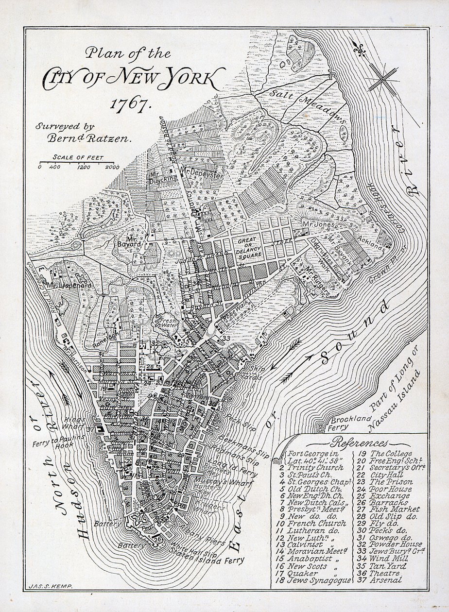 Plan over byen New York i 1767 (litografi) af American School