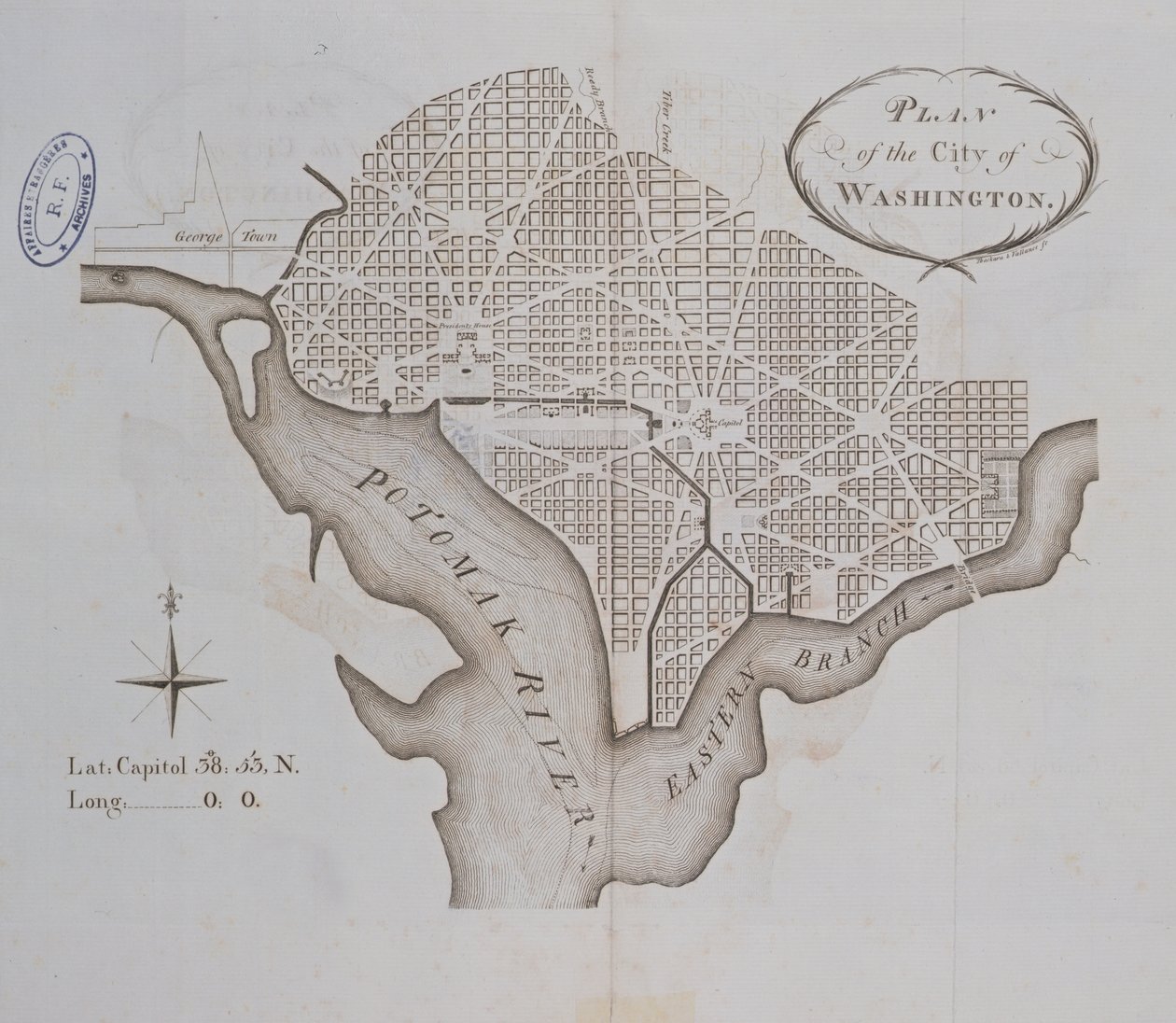 Plan for byen Washington som oprindeligt udlagt i 1793 af American School
