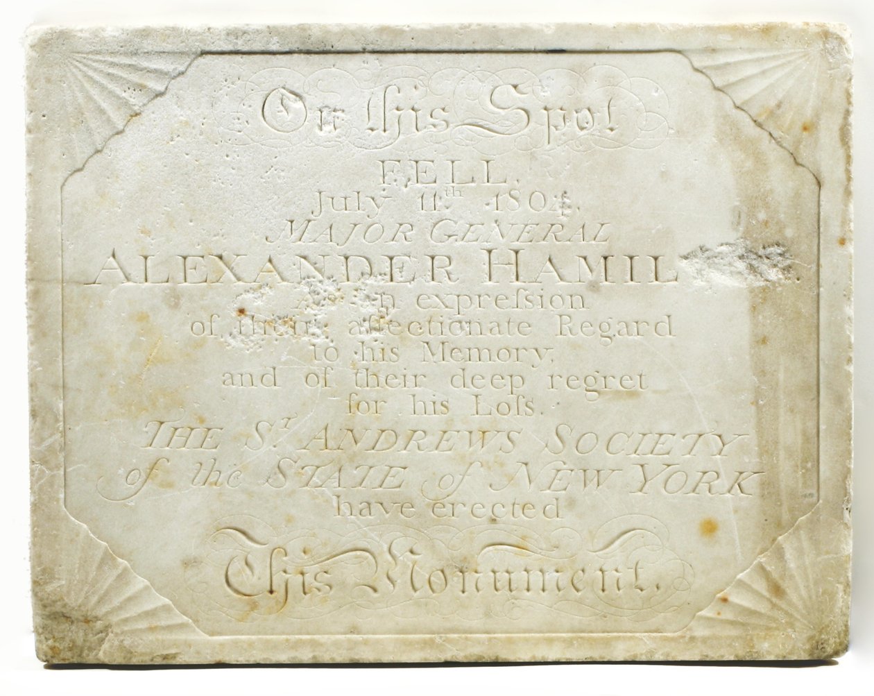 Plade for cenotafen, der markerer stedet, hvor Alexander Hamilton blev dødeligt såret under en duel med Aaron Burr, ca. 1805 (marmor) af American School