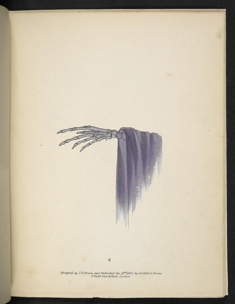 Plade 8. En skelethånd.  Spectropia; eller, Overraskende spektrale illusioner, der viser spøgelser overalt og af enhver farve osv. ser. 1.  J.H. Brun  1864 af American School